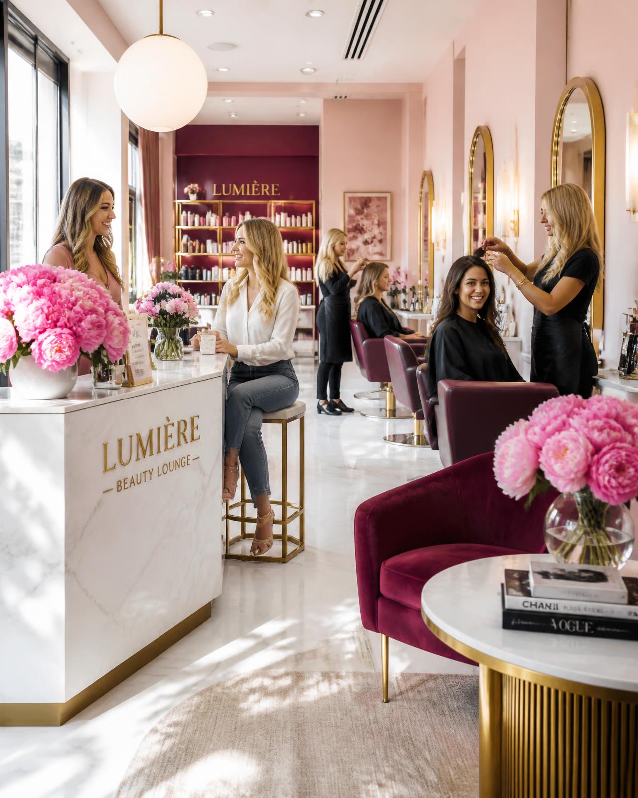 Bright modern beauty salon in blush and plum with stylists working on happy clients and pink peonies at the reception desk