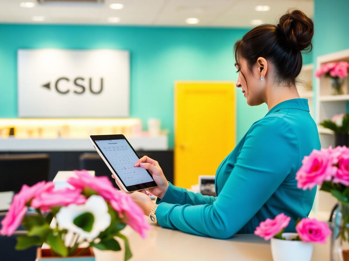 Receptionist managing appointments on a tablet at a bright salon front desk